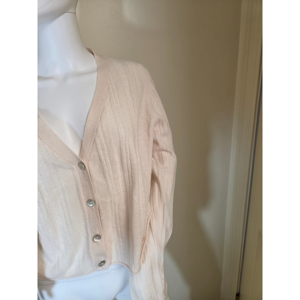 Crush Cashmere Women Cream Ribbed V-Neck Button Front Cardigan Sweater Size 1 - Picture 6 of 10